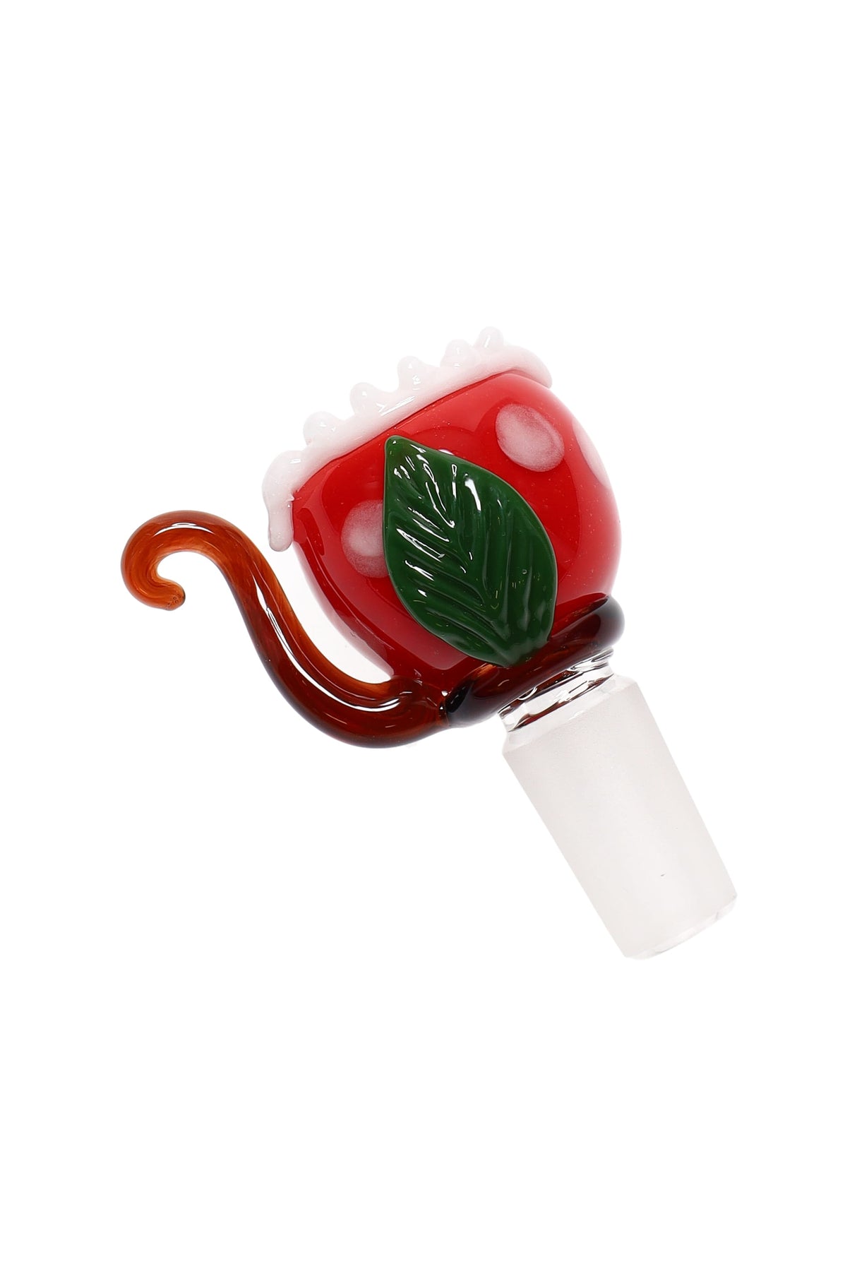 Red piranha glass bowl for bongs with 14.5 mm male joint, curled handle and green leaf accent, white dotted rim.