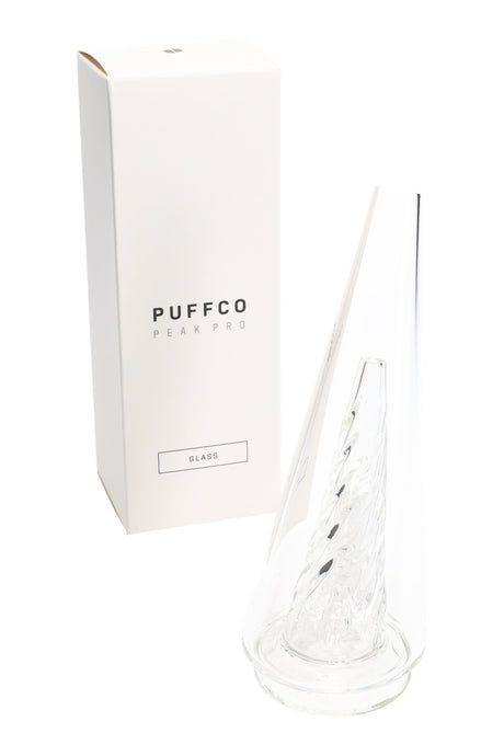 Clear Puffco Peak Pro Glass 2.0 replacement bubbler top with base seal, shown next to retail box, water chamber for concentrates.