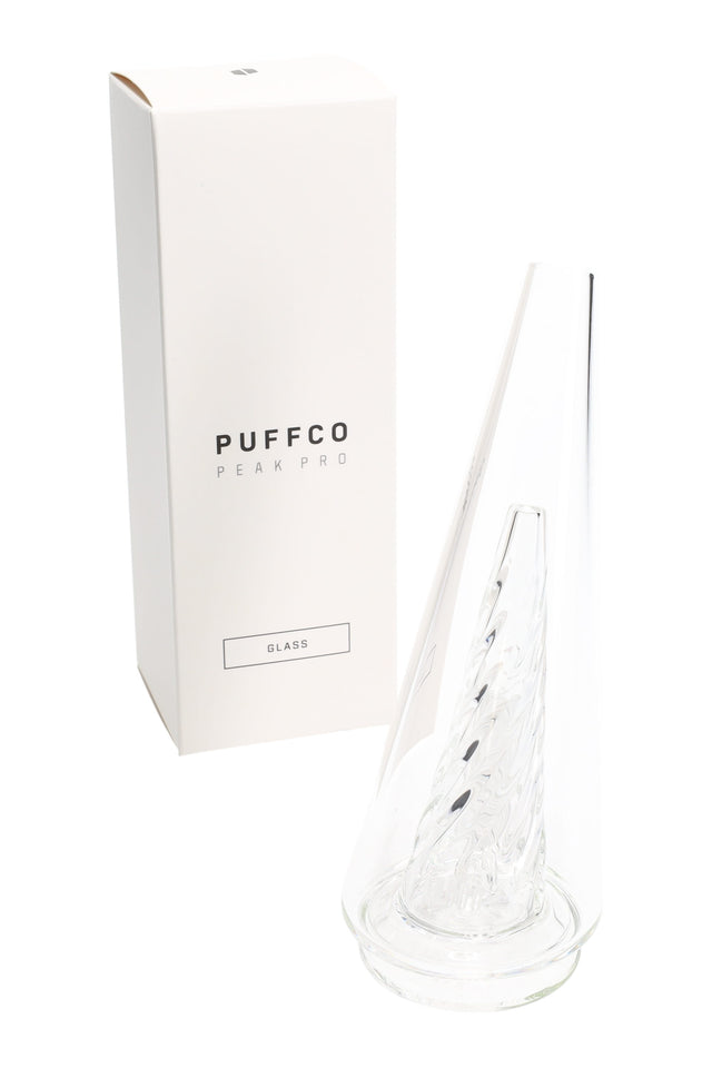 Clear Puffco Peak Pro Glass 2.0 replacement bubbler top with base seal, shown next to retail box, water chamber for concentrates.