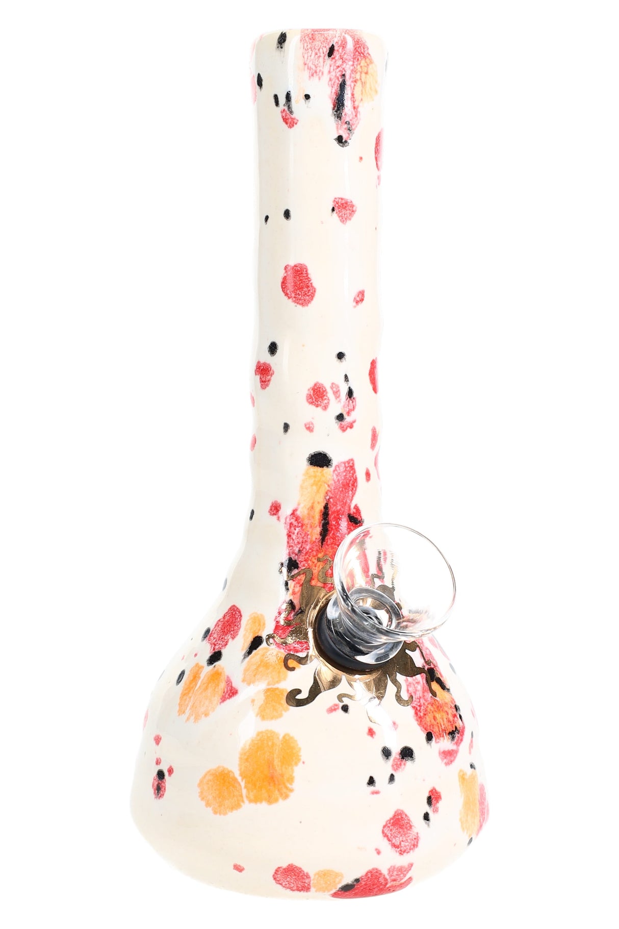 Small ceramic bong in white glaze with coral, yellow and black crystal-burst spots, clear glass bowl inserted, straight-on view.
