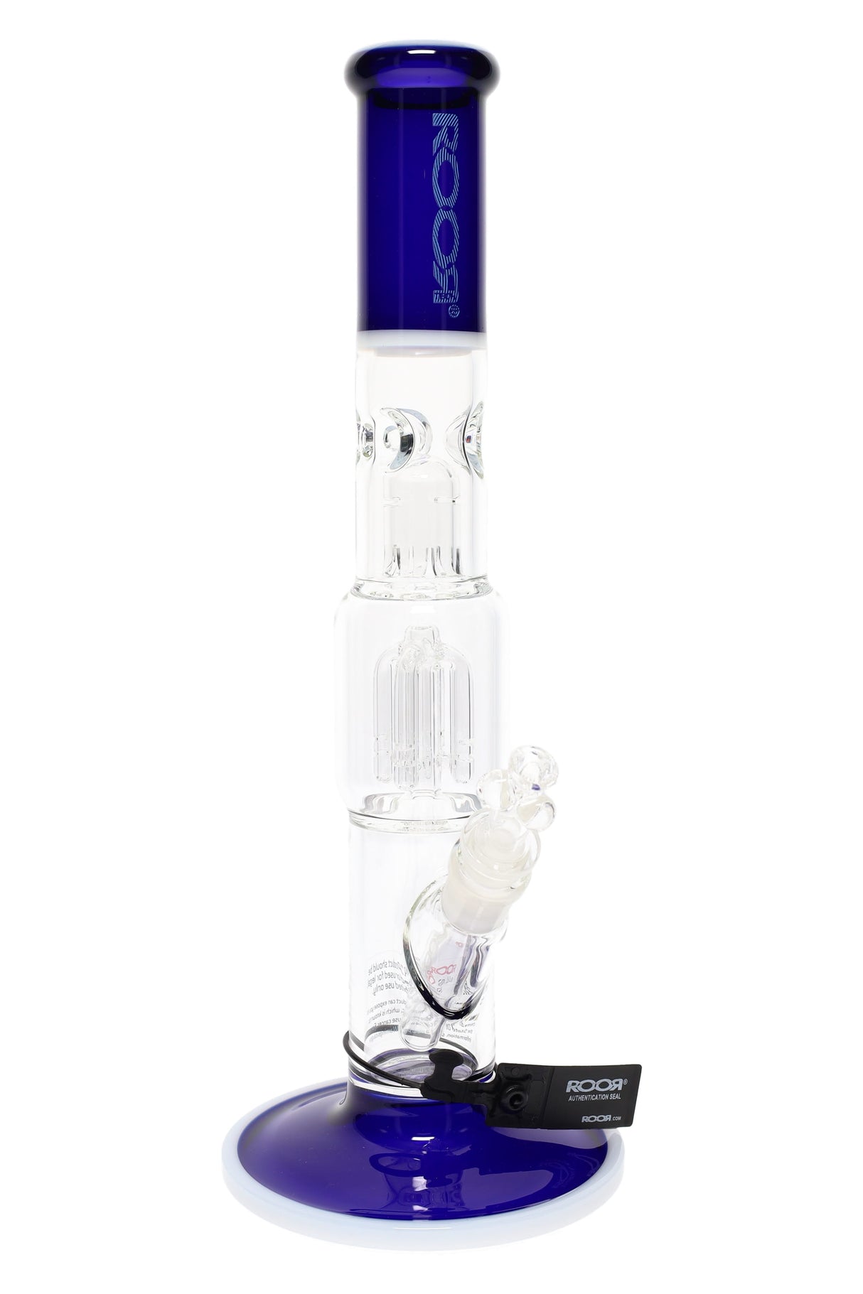 Deep-blue ROOR Tech 15 inch straight tube bong with color mouthpiece and base, tree perc, ice pinch, glass-on-glass downstem and bowl.