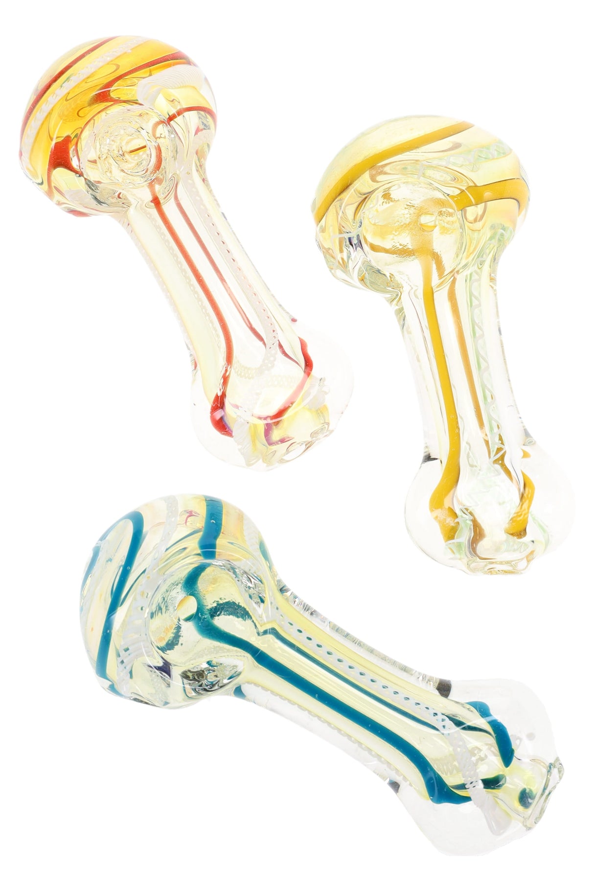 Compact 3.5-inch color-changing glass spoon with multicolor stripes and a flat tip mouthpiece; lightweight ~75 g; colors vary.
