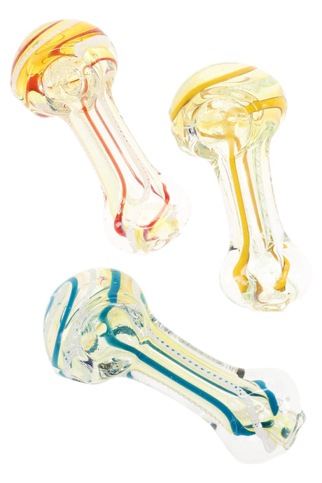 Compact 3.5-inch color-changing glass spoon with multicolor stripes and a flat tip mouthpiece; lightweight ~75 g; colors vary.