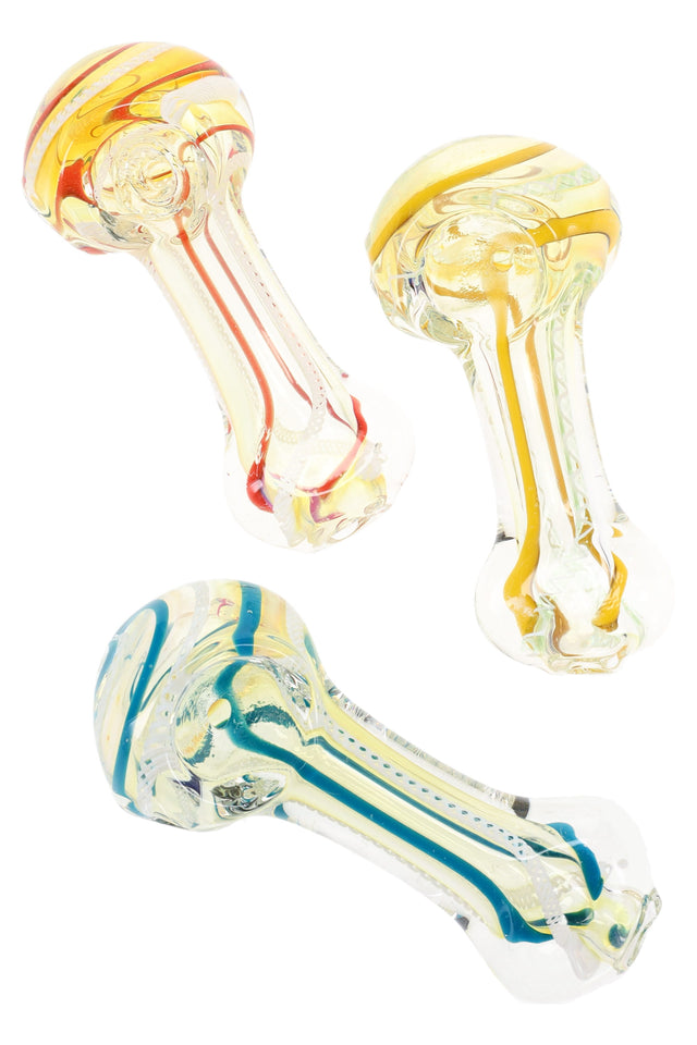 Compact 3.5-inch color-changing glass spoon with multicolor stripes and a flat tip mouthpiece; lightweight ~75 g; colors vary.
