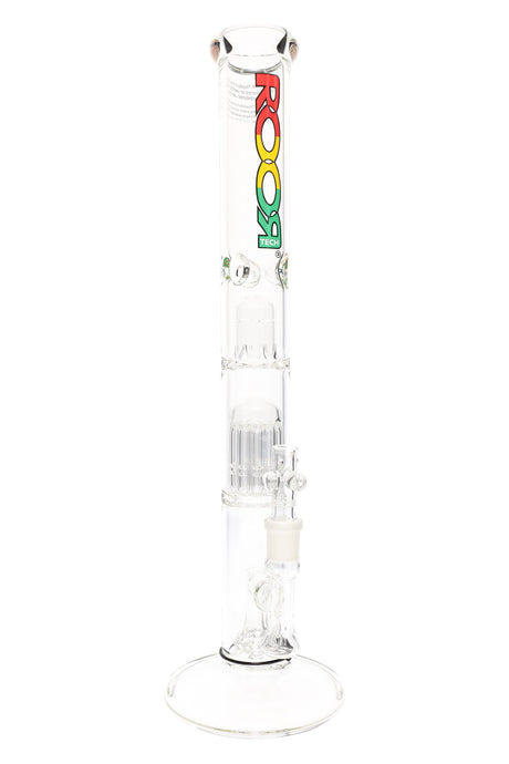 ROOR Tech 18″ clear straight tube bong with multi-perc stack, stemless joint, ice pinch, wide base, and rasta ROOR logo decal.