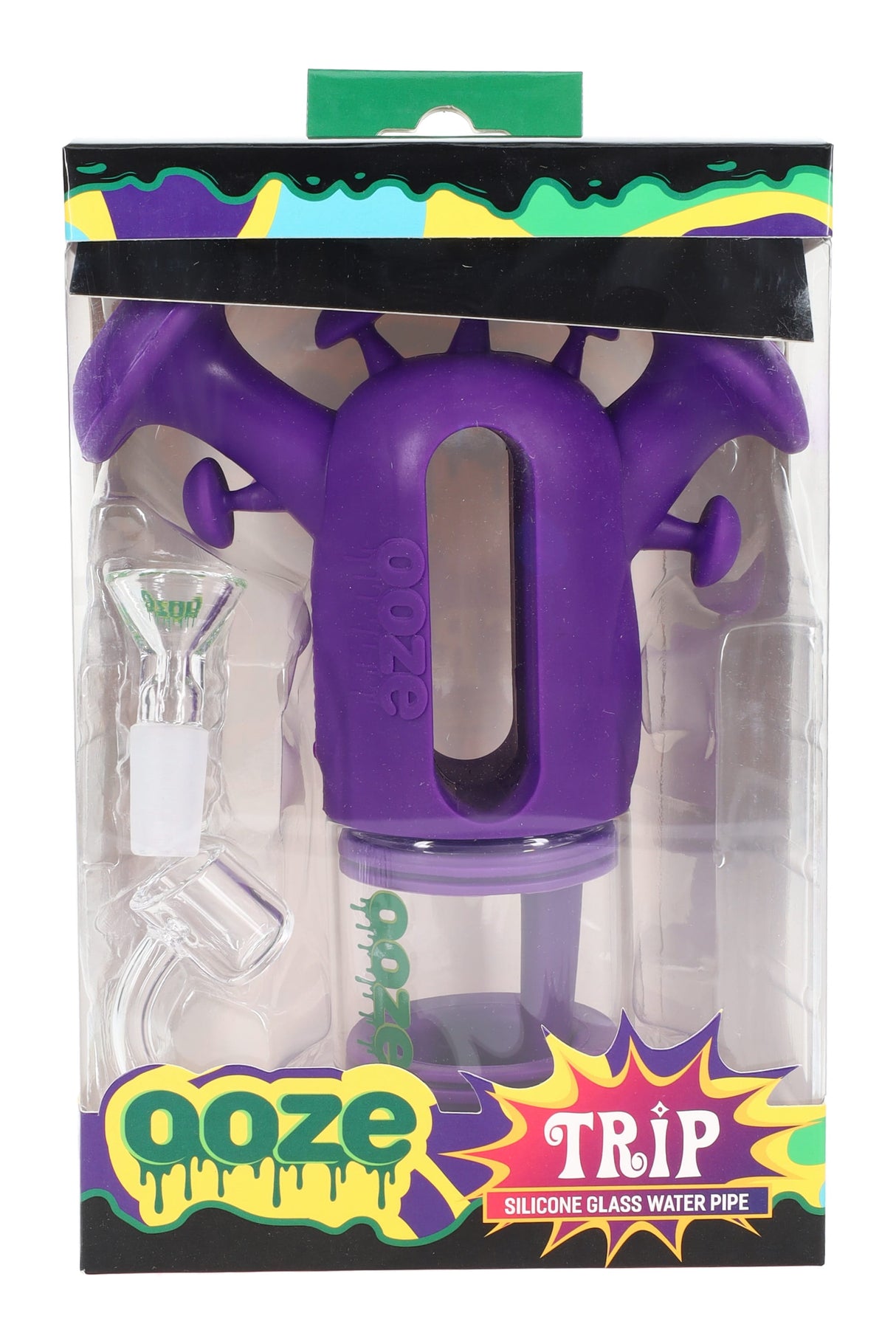 Purple Ooze “Trip” silicone-glass water bubbler in packaging, mushroom-style top, clear chamber, 14 mm accessories included.