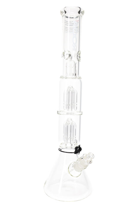Tall ROOR Tech 17-inch beaker water pipe showing two tree percolators in clear chambers and included downstem with herb bowl attached.
