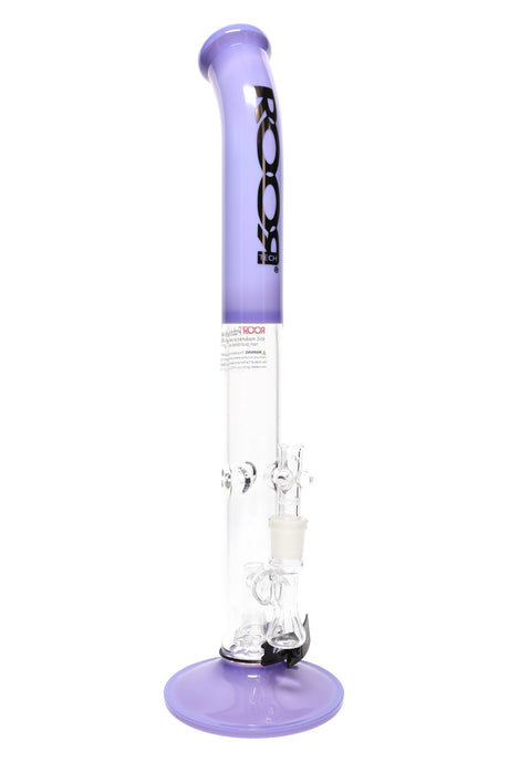 ROOR Tech 18″ bent-neck straight shooter bong with stemless GoG joint, lavender mouthpiece and matching base, stable flat foot and clear chamber.
