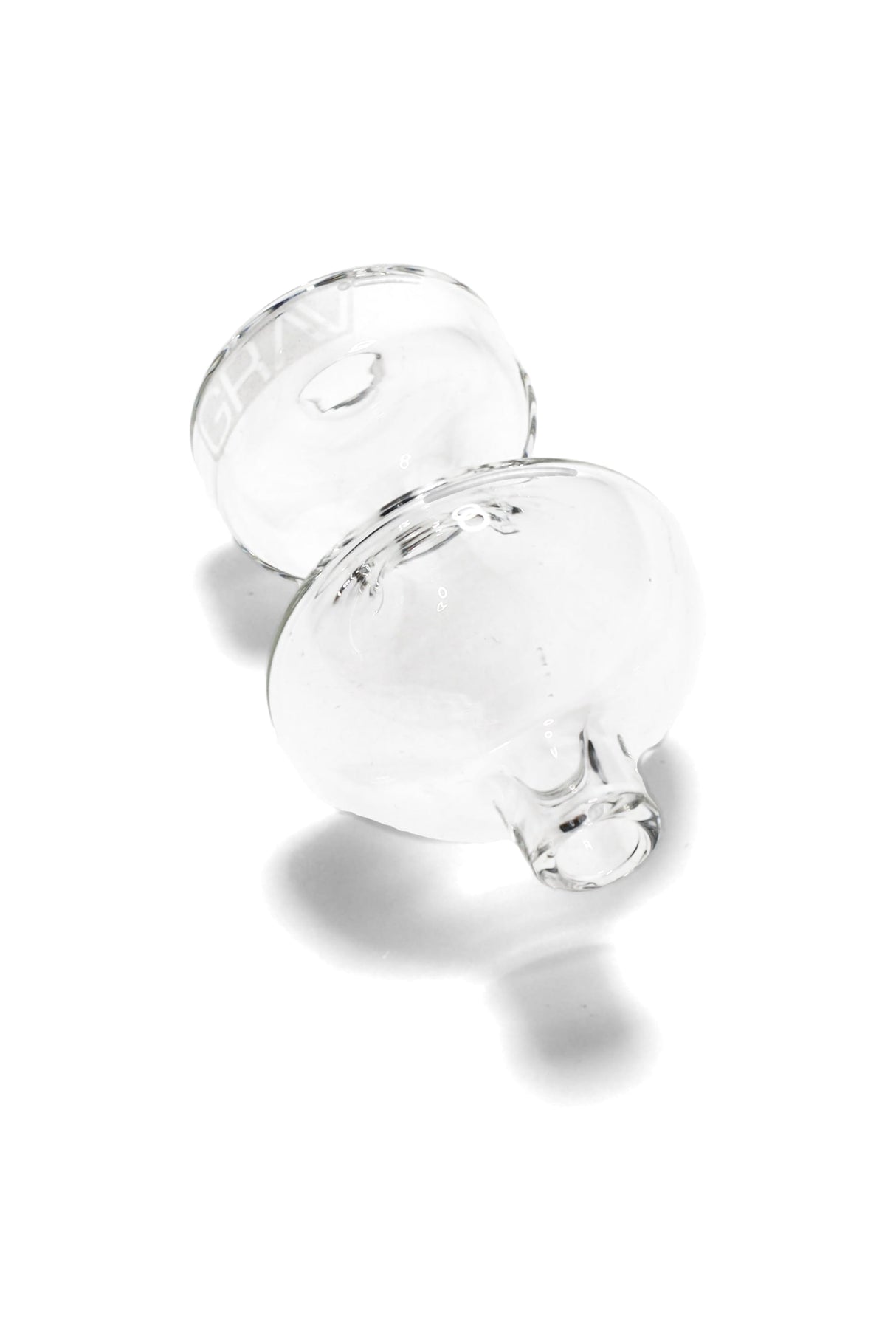 Clear GRAV bubble carb cap with hourglass handle, integrated carb hole, semi-spherical base, and flat-top rim shown on white background.