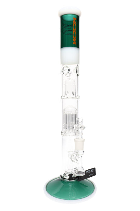 Emerald/white ROOR Tech 18″ straight shooter bong with dome, 10-arm tree and showerhead percs, stemless 18.8 mm joint, ice pinch, sturdy flat base.