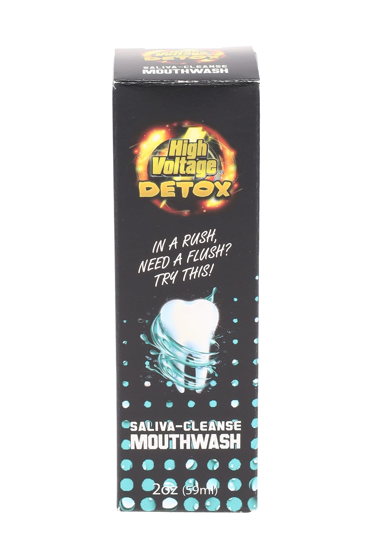 High Voltage Detox Saliva-Cleanse Mouthwash retail box, black with teal dots and tooth graphic, labeled 2 oz (59 mL).