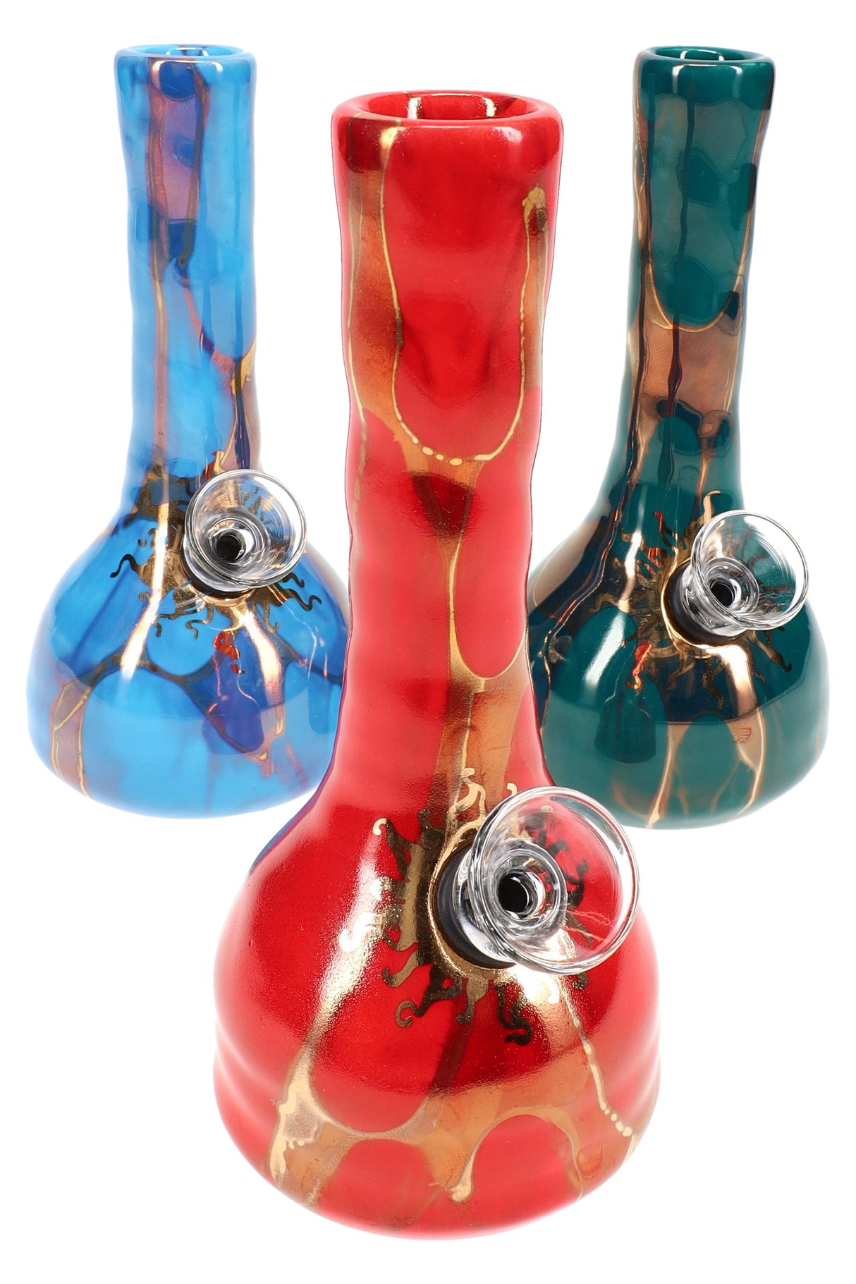 Group of 5″ mini ceramic water pipes with gold-accent glaze in blue, red, and teal, standard grommet bowl fitting.
