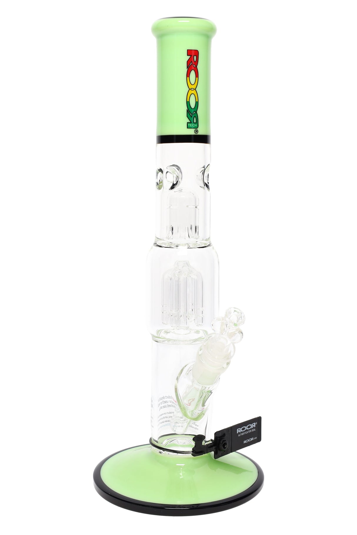 Light-green ROOR Tech 15 inch straight tube bong with color mouthpiece and base, tree perc, ice pinch, glass-on-glass downstem and bowl.