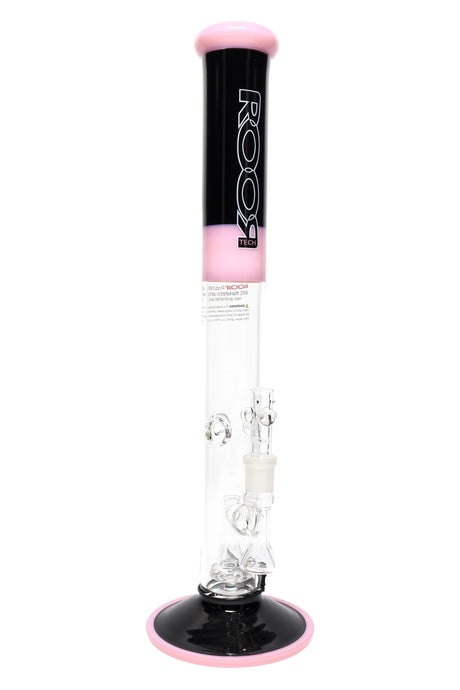 ROOR Tech 18-inch straight tube water pipe, black and pink colorway, showerhead perc with glass bowl and downstem.