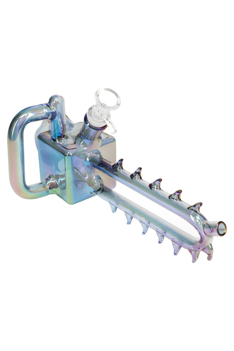 Rainbow-iridescent chainsaw glass water pipe featuring long spiked bar and glass-on-glass bowl connection, 11″ size.