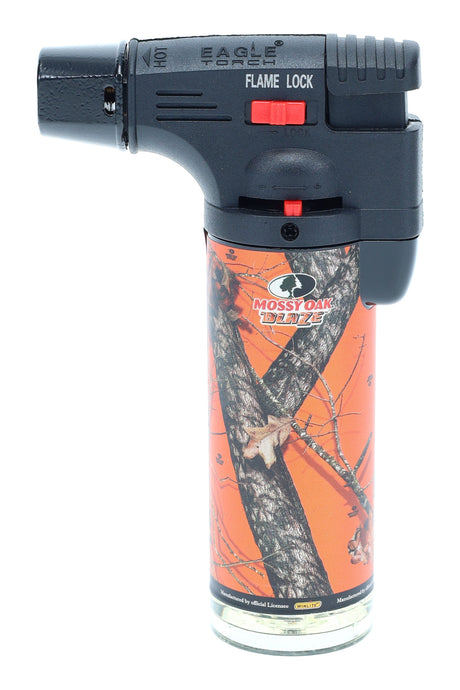 Single Eagle gun-style torch lighter with Mossy Oak Blaze camo barrel, red flame-lock slider, and jet nozzle, shown on a clean white background.