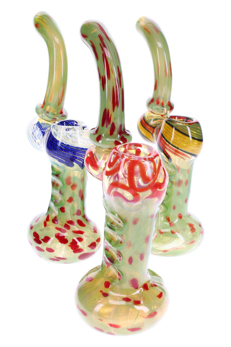 8-inch color-changing silver-fumed glass sherlock bubbler with red dot accents, curved neck, side carb, and round water chamber; assorted colors.