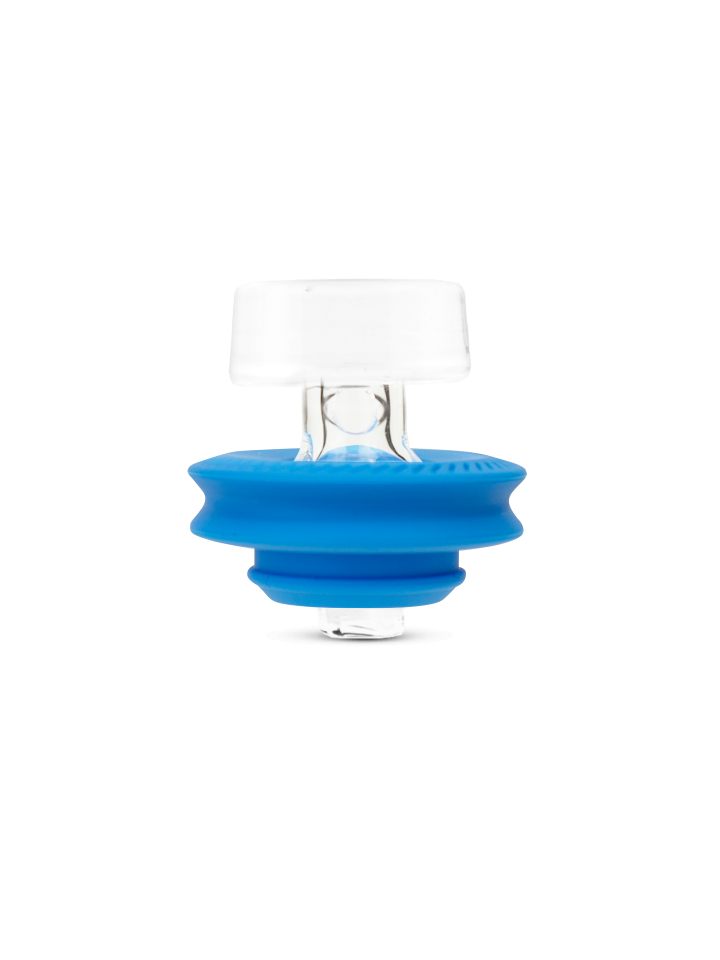 Blue Peak Pro ball cap accessory with clear glass top and blue silicone gasket designed to fit the Puffco atomizer.