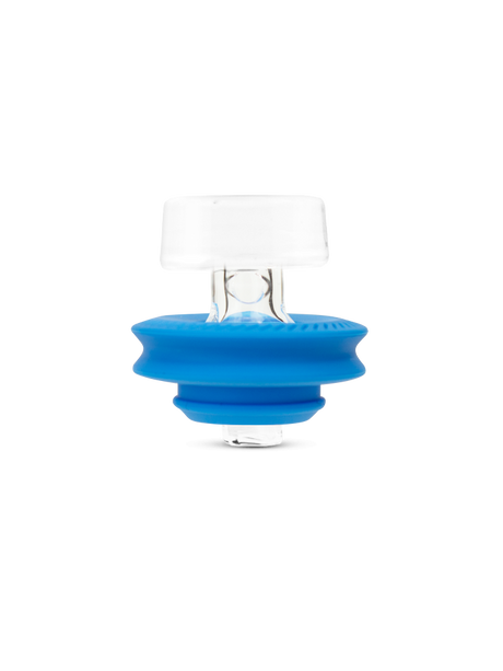 Blue Peak Pro ball cap accessory with clear glass top and blue silicone gasket designed to fit the Puffco atomizer.