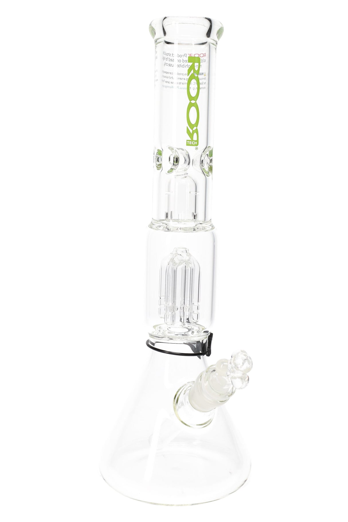ROOR Tech 14-inch Beaker Water Pipe, 5mm Thick Borosilicate with Tree Perc and Ice Pinch – clear glass, green logo – product photo