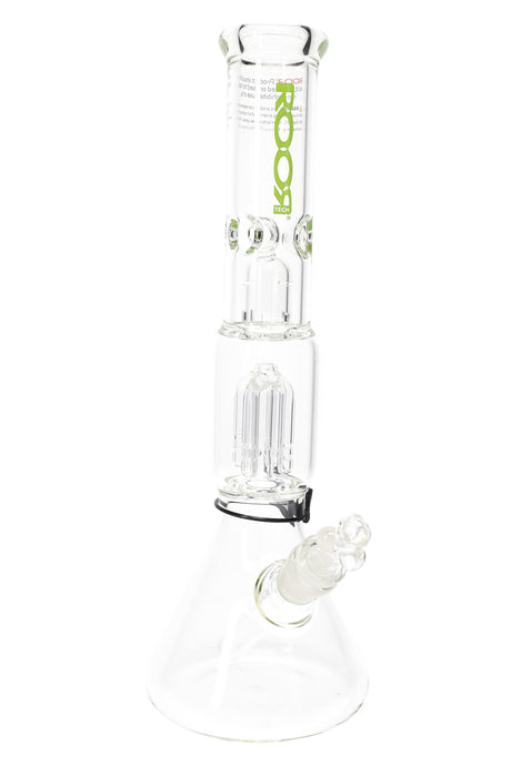ROOR Tech 14-inch Beaker Water Pipe, 5mm Thick Borosilicate with Tree Perc and Ice Pinch – clear glass, green logo – product photo
