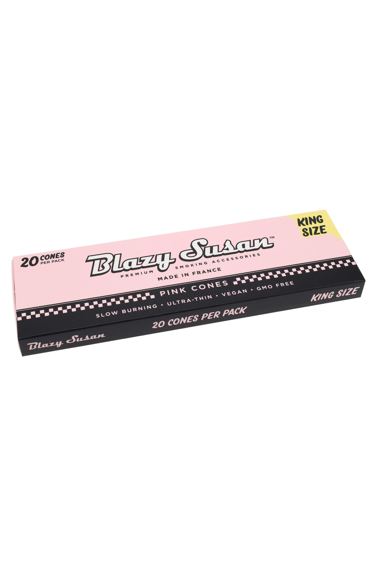 Blazy Susan king size pink cones 20-pack sleeve on white background, slow-burning ultra-thin vegan rolling papers.