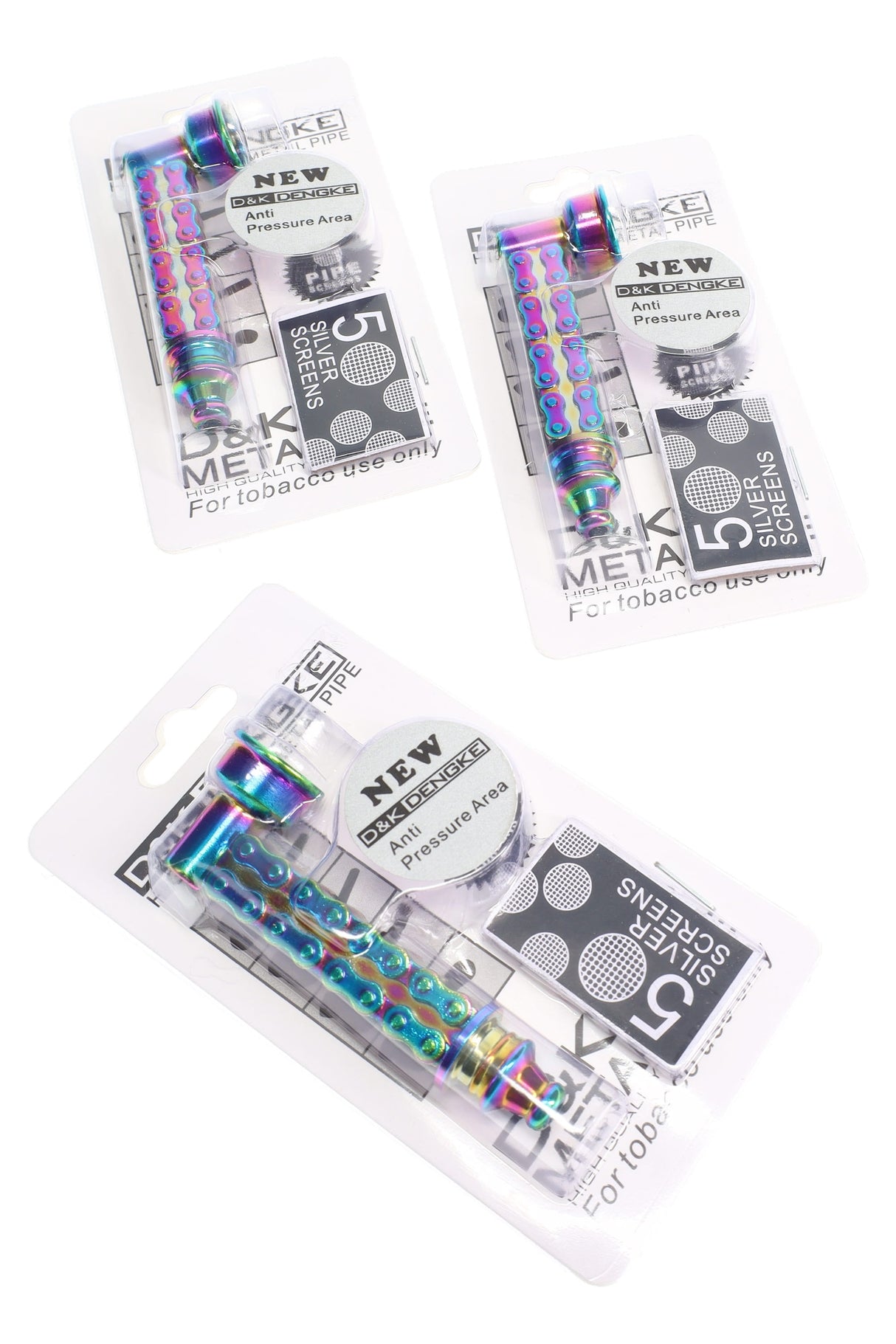 Blister-carded rainbow bike-chain metal hand pipe set with five silver screens, peg-ready retail packaging.
