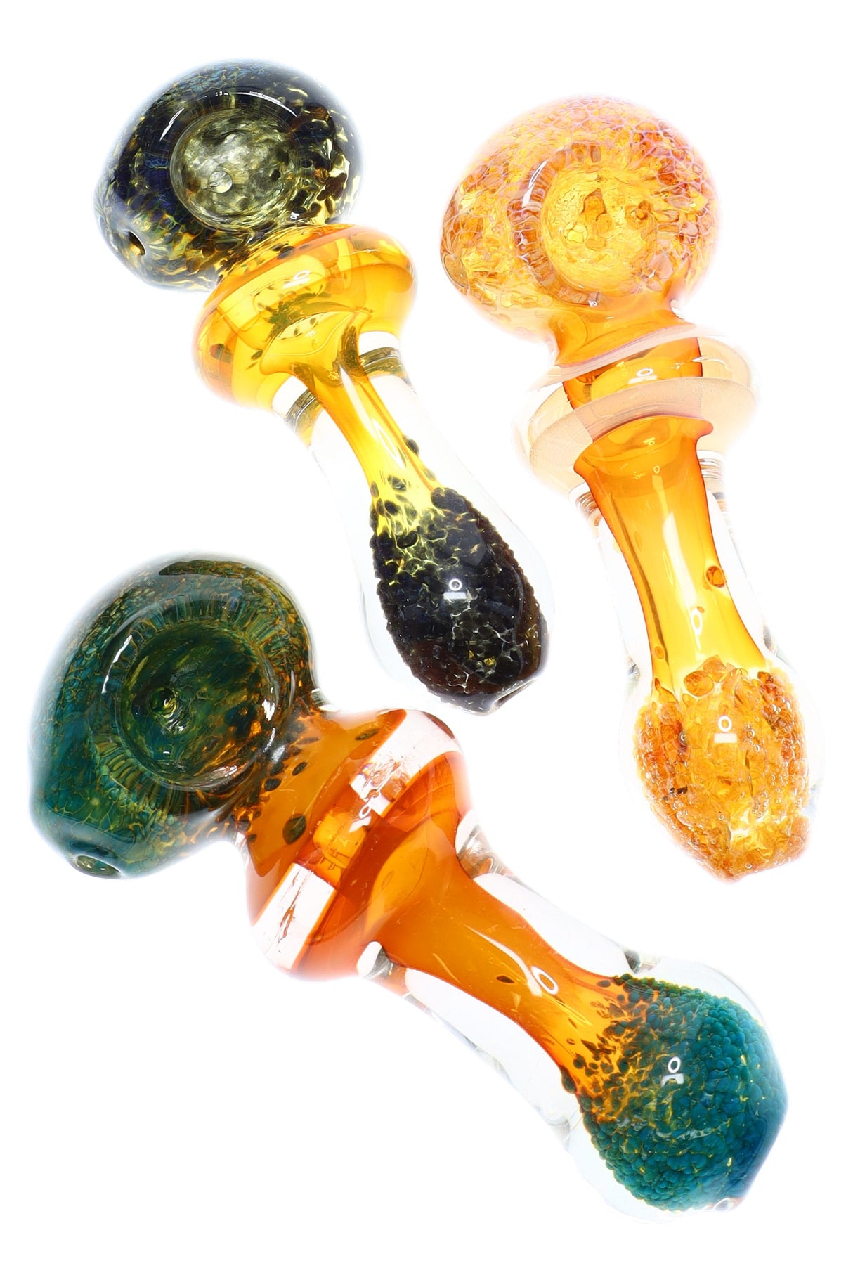 4½-inch gold-fumed color-changing glass spoon with orb bowl, maria ring, and frit accents at the tip, shown in assorted colors.