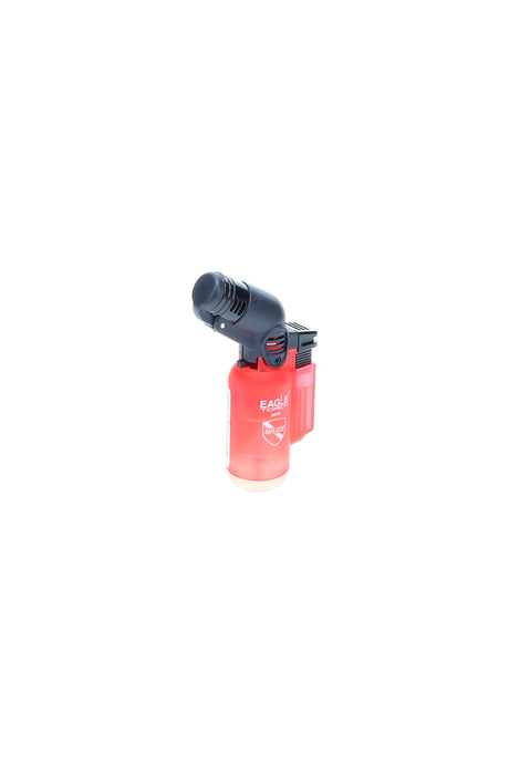 Single Eagle Mini-Angle Smart Cap torch in red with compact body, angled nozzle, and flip-cap cover, centered on a clean white background.