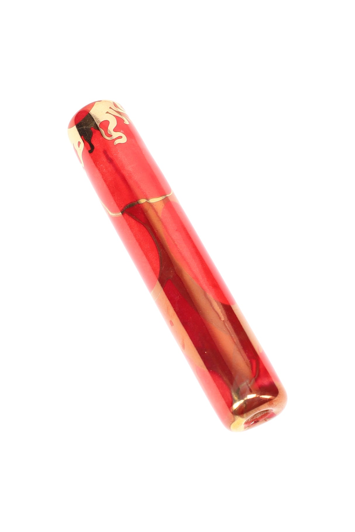 Red ceramic one-hitter bat with gold accent and marbled glaze, pocket-ready chillum design.