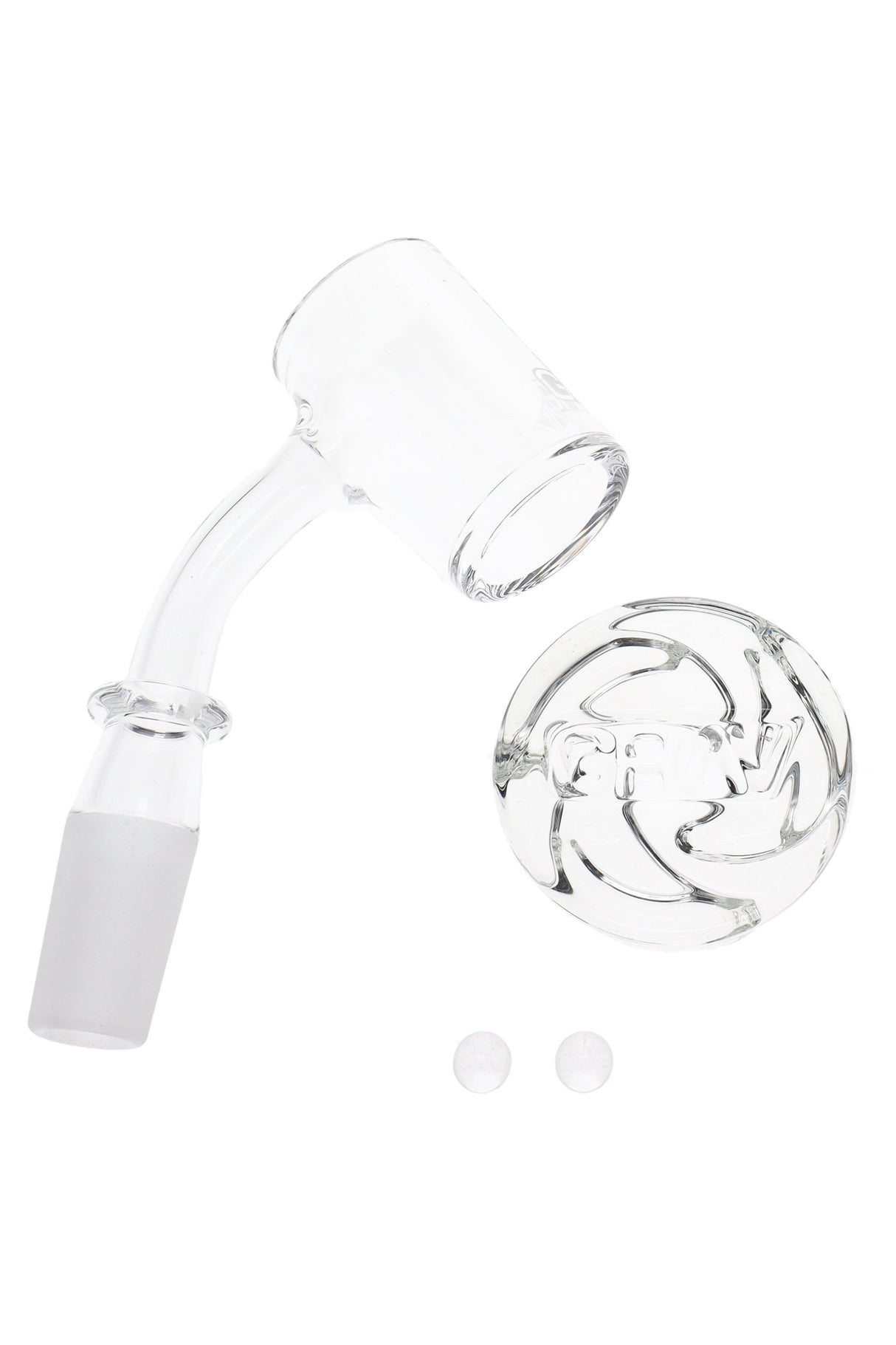 Overhead view of GRAV seamless quartz banger beside logo spinner cap and two clear pearls, flat-top design for easy capping.