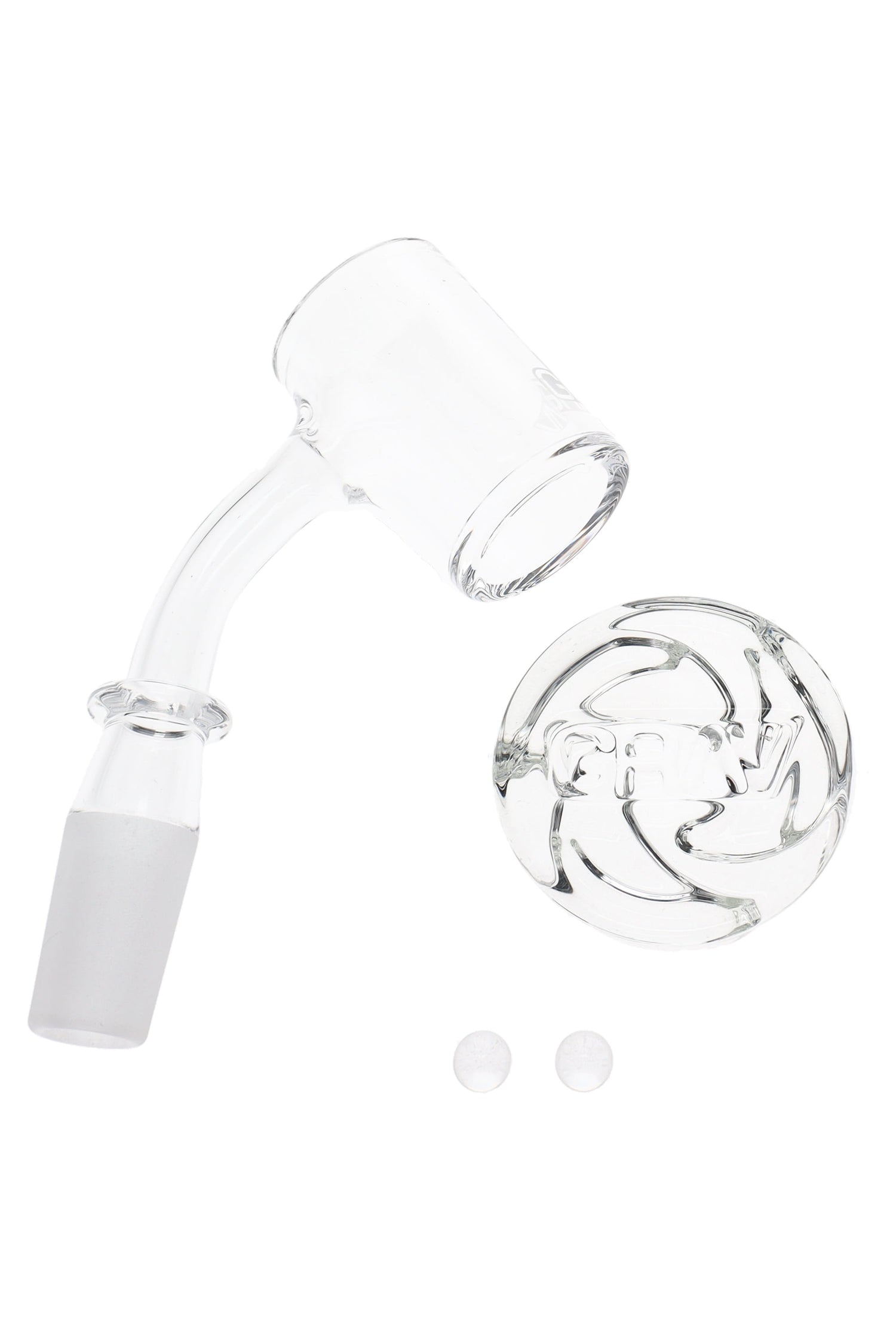 Overhead view of GRAV seamless quartz banger beside logo spinner cap and two clear pearls, flat-top design for easy capping.