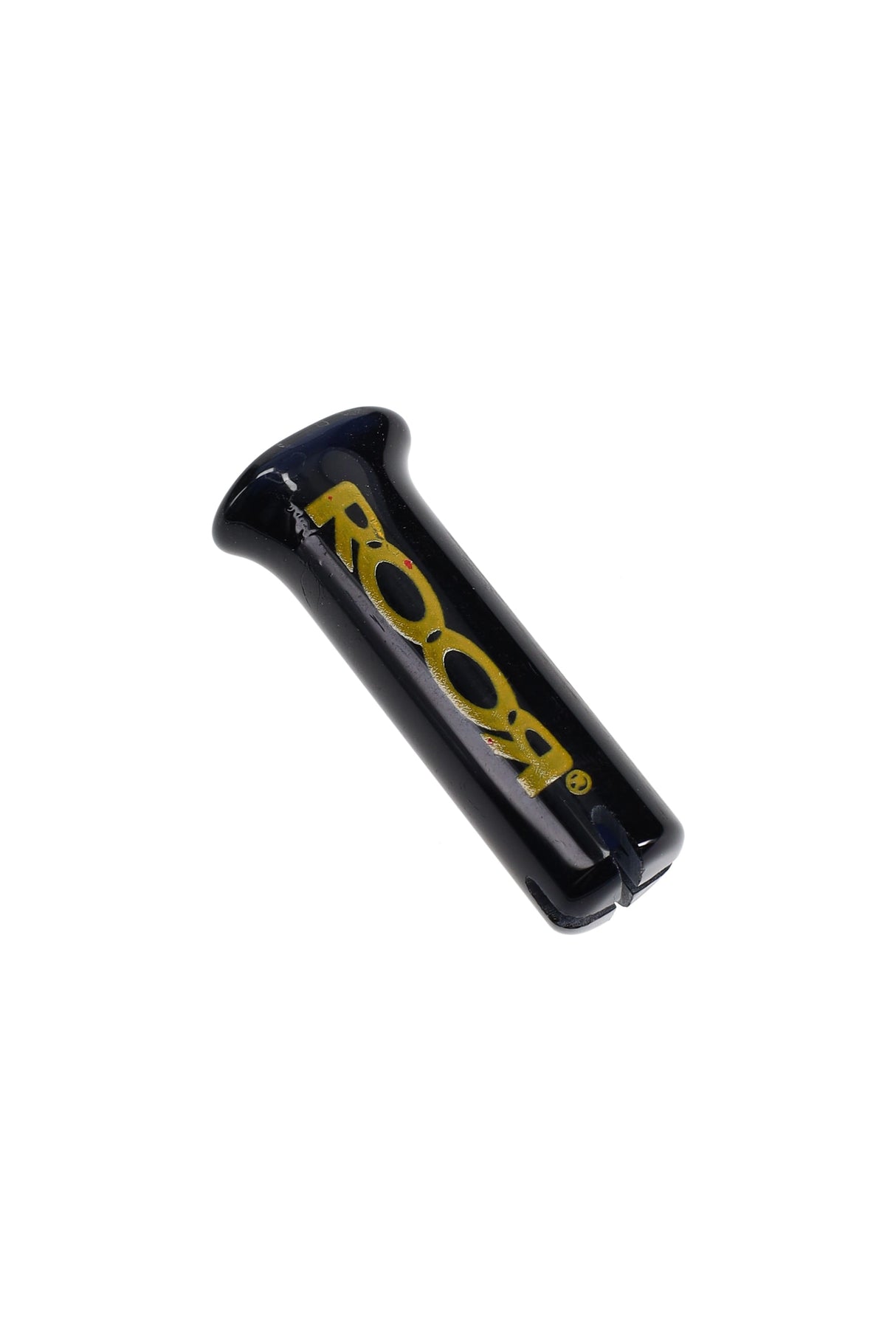 Glossy black RooR 10 mm glass rolling tip with gold logo; compact reusable filter designed for joint comfort and clean pulls.