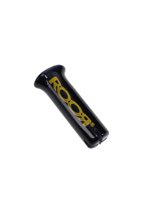 Glossy black RooR 10 mm glass rolling tip with gold logo; compact reusable filter designed for joint comfort and clean pulls.