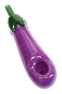 US-made 5″ glass eggplant hand pipe with deep bowl, side carb, purple body and green cap; solid 140 g weight for sturdy feel.