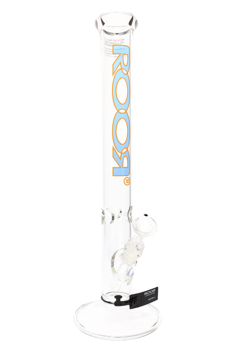 Clear ROOR 18-inch straight tube bong with sky-blue ROOR logo outlined in orange, glass-on-glass downstem and bowl, ice pinch.