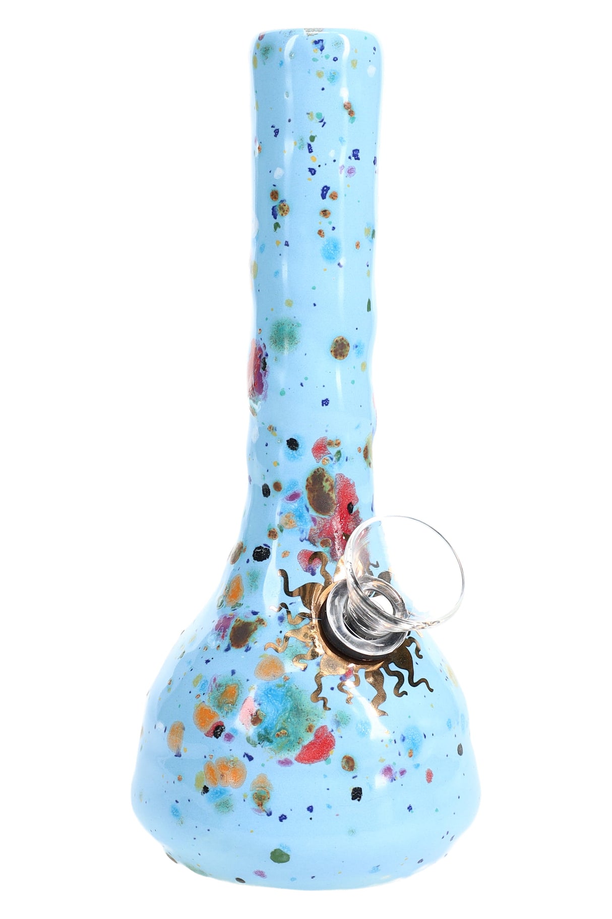 Baby-blue ceramic bong splashed with multicolor burst glaze and gold decal, clear bowl fitted, upright angle.
