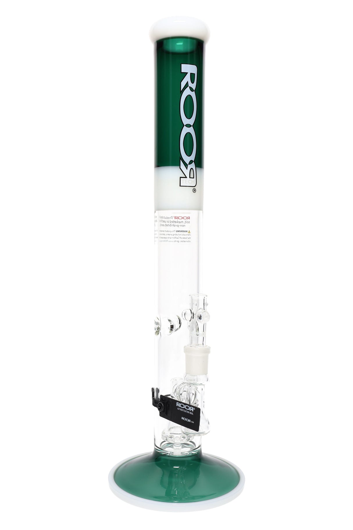 ROOR Tech 18-inch straight shooter, green and white color scheme, wide base, showerhead percolator and glass bowl.