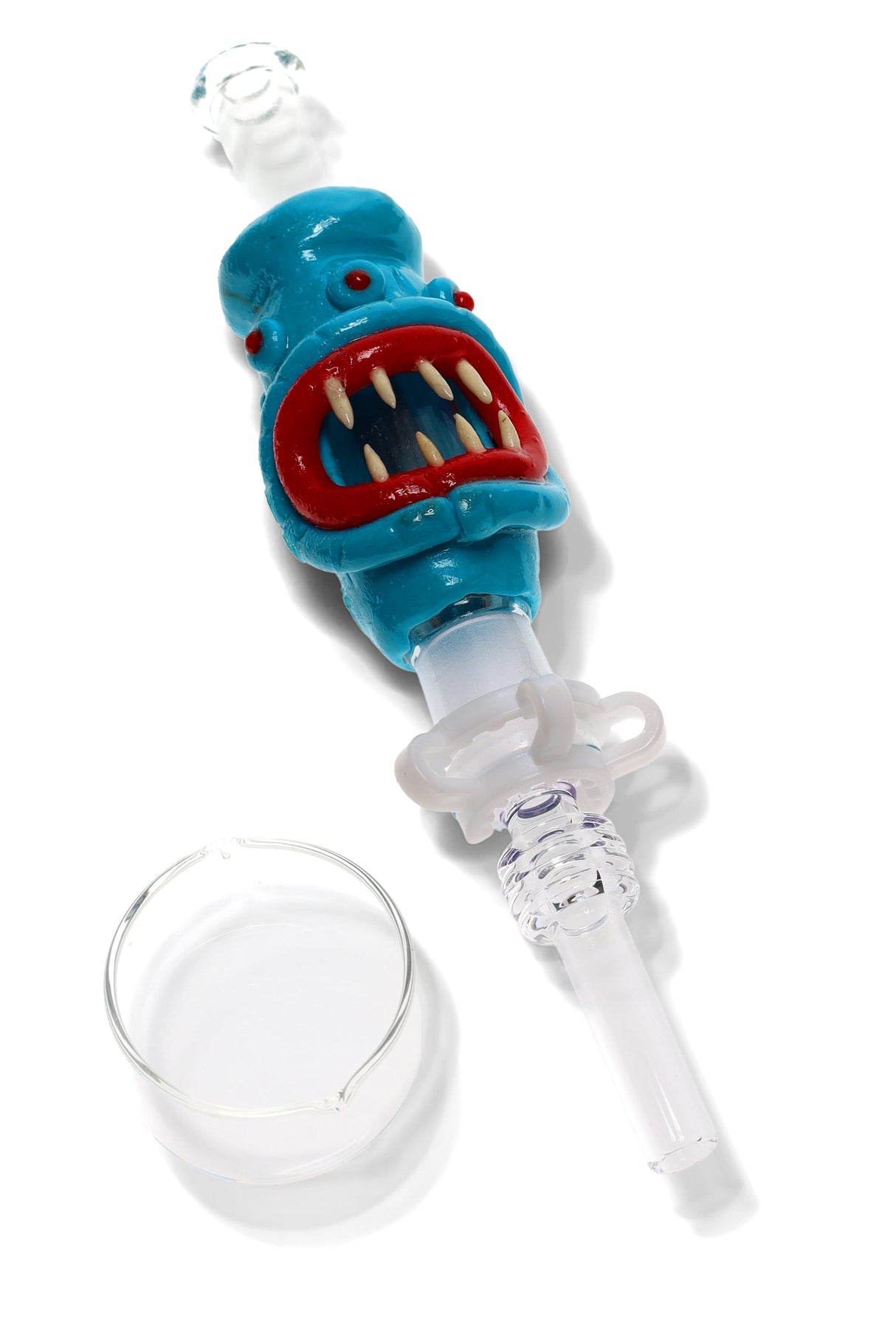 Blue monster glass dab straw kit with pointed teeth, white keck clip and glass dish shown, portable concentrate straw.