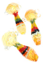 4–5″ gold-fumed color-changing glass spoon pipe with Rasta squiggle stripes on the stem and clear marble roll-stops around the bowl.