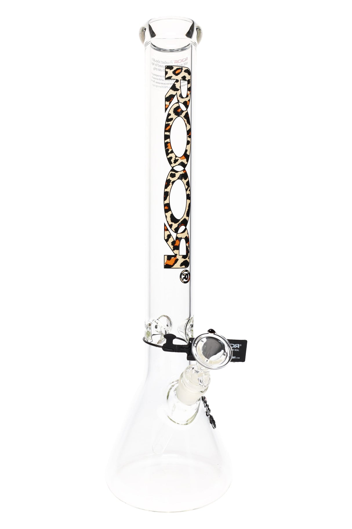 Clear ROOR 18-inch beaker bong with orange leopard ROOR logo, glass-on-glass downstem and bowl, triple ice pinch.