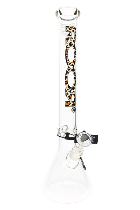 Clear ROOR 18-inch beaker bong with orange leopard ROOR logo, glass-on-glass downstem and bowl, triple ice pinch.