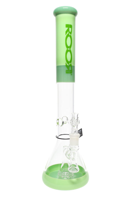 ROOR Tech 18-inch stemless beaker bong with green-and-white color accents, tall beaker base and fixed showerhead percolator displayed.
