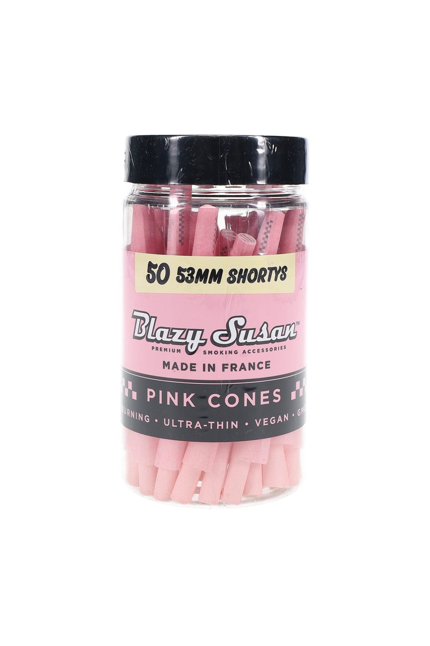 Blazy Susan shorty pink pre-rolled cones, 50-count jar, 53 mm size, vegan French paper for a slow, even burn.