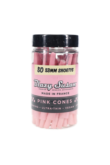 Blazy Susan shorty pink pre-rolled cones, 50-count jar, 53 mm size, vegan French paper for a slow, even burn.