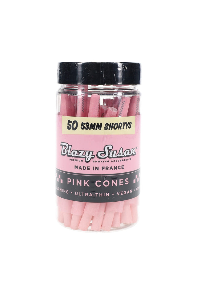 Blazy Susan shorty pink pre-rolled cones, 50-count jar, 53 mm size, vegan French paper for a slow, even burn.