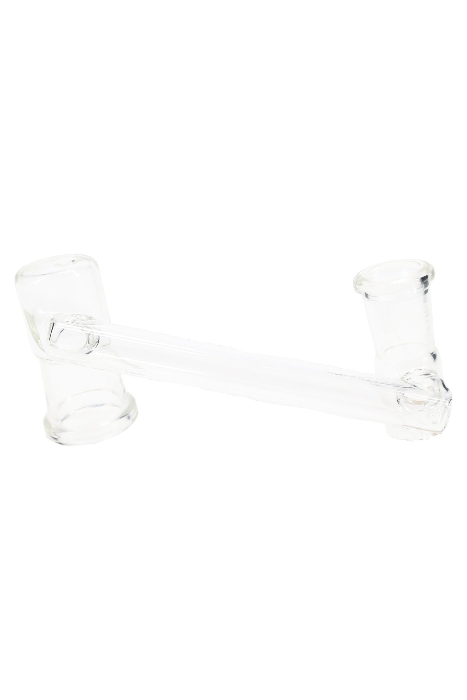 Clear drop-down sidecar glass adapter with 18.8 mm female and 14.5 mm female joints connected by an offset tube, shown at an angle on white.