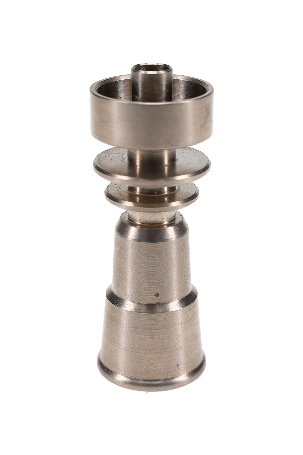 Domeless dual-size titanium nail fits 10 mm & 14 mm rigs, female joint, upright studio shot on white background.
