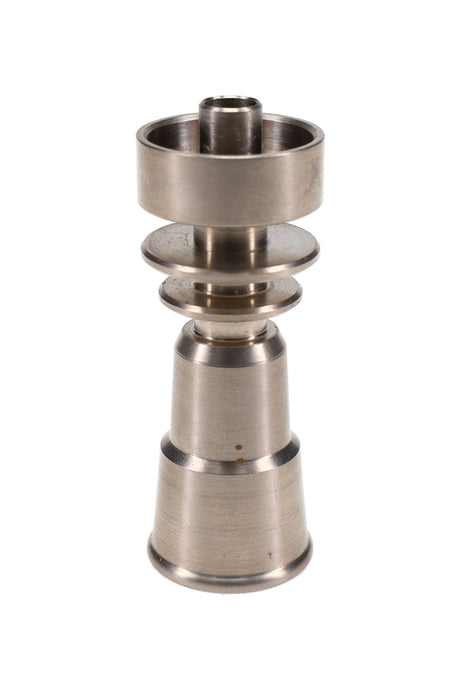 Domeless dual-size titanium nail fits 10 mm & 14 mm rigs, female joint, upright studio shot on white background.