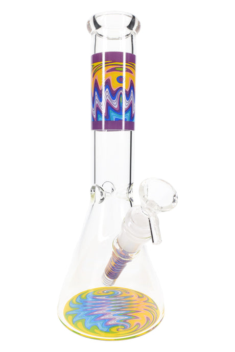 Purple-band wig-wag beaker bong, clear glass beaker base with matching downstem decal and ice pinch, 10″ size.